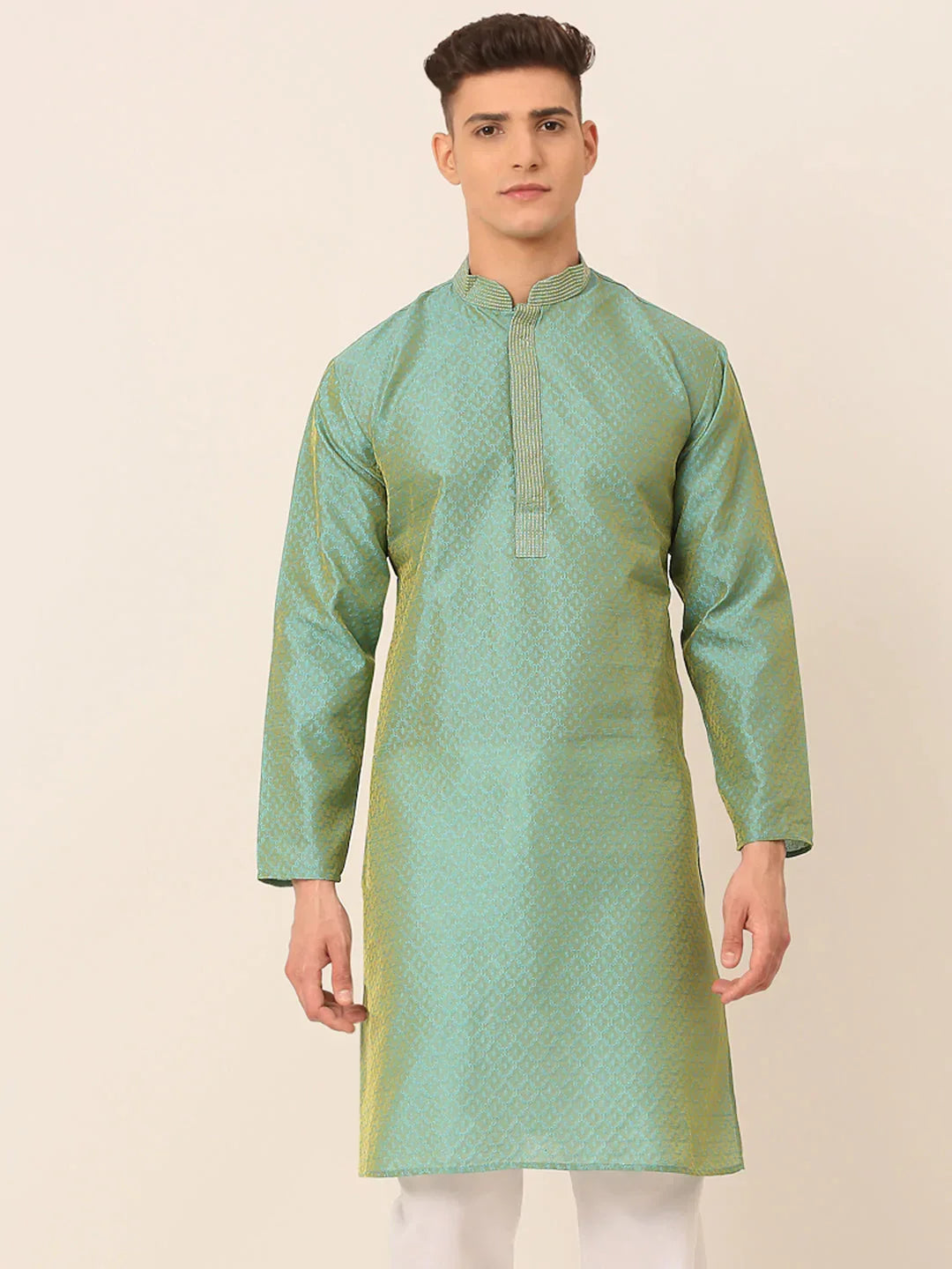 Jompers Men's Silk Blend Collar Embroidered Kurta only - Sea-Green | Grocsy