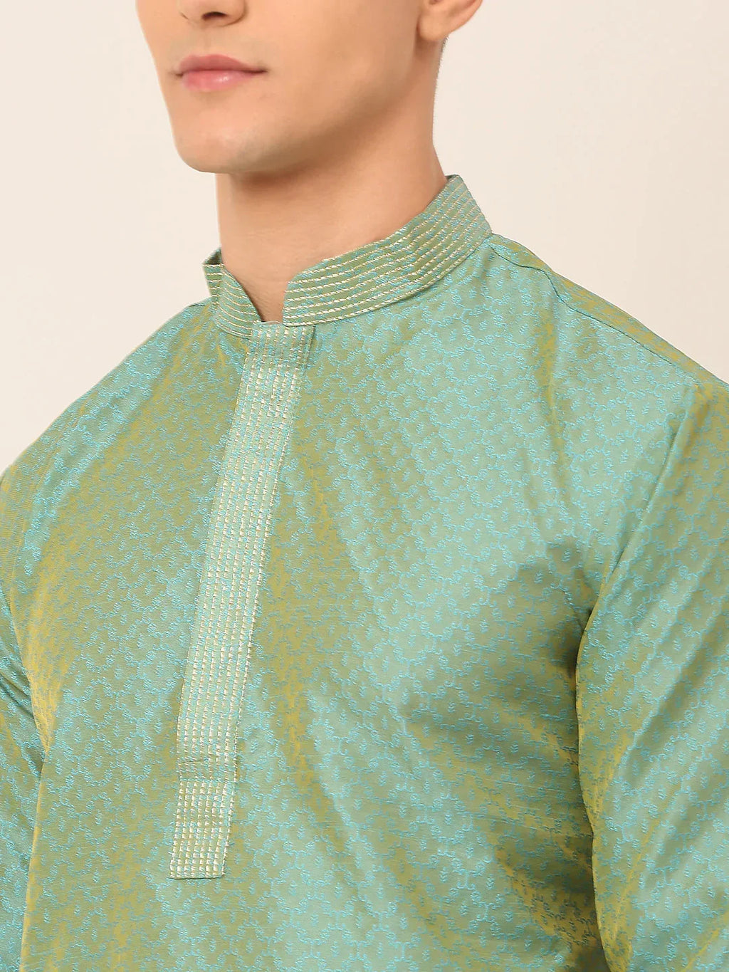 Jompers Men's Silk Blend Collar Embroidered Kurta only - Sea-Green | Grocsy