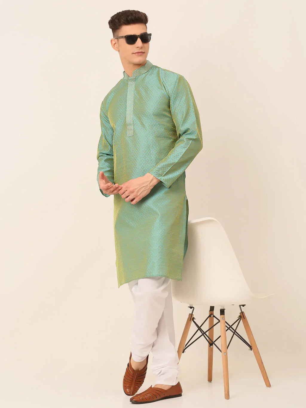 Jompers Men's Silk Blend Collar Embroidered Kurta only - Sea-Green | Grocsy
