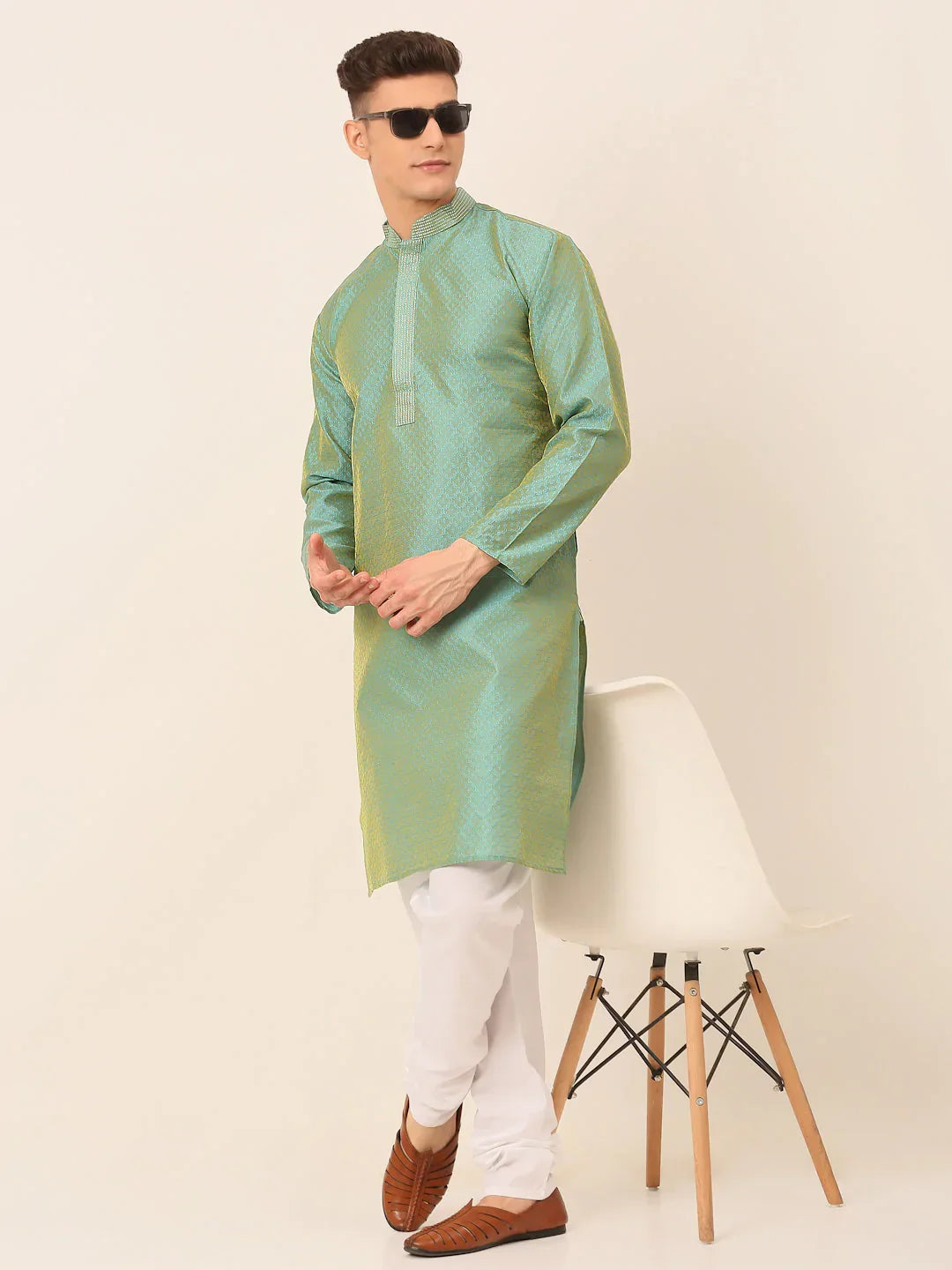 Jompers Men's Silk Blend Collar Embroidered Kurta only - Sea-Green | Grocsy