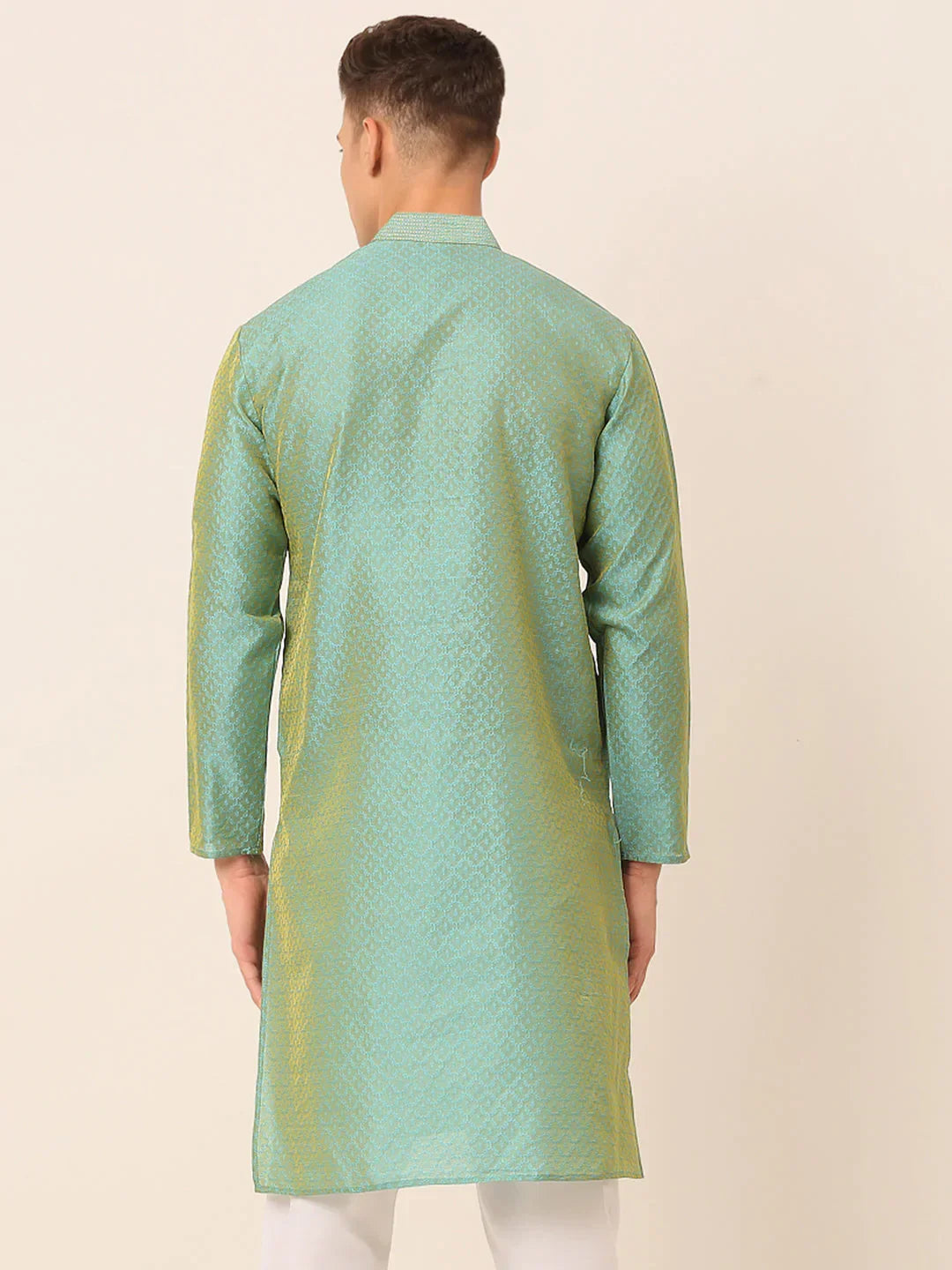 Jompers Men's Silk Blend Collar Embroidered Kurta only - Sea-Green | Grocsy