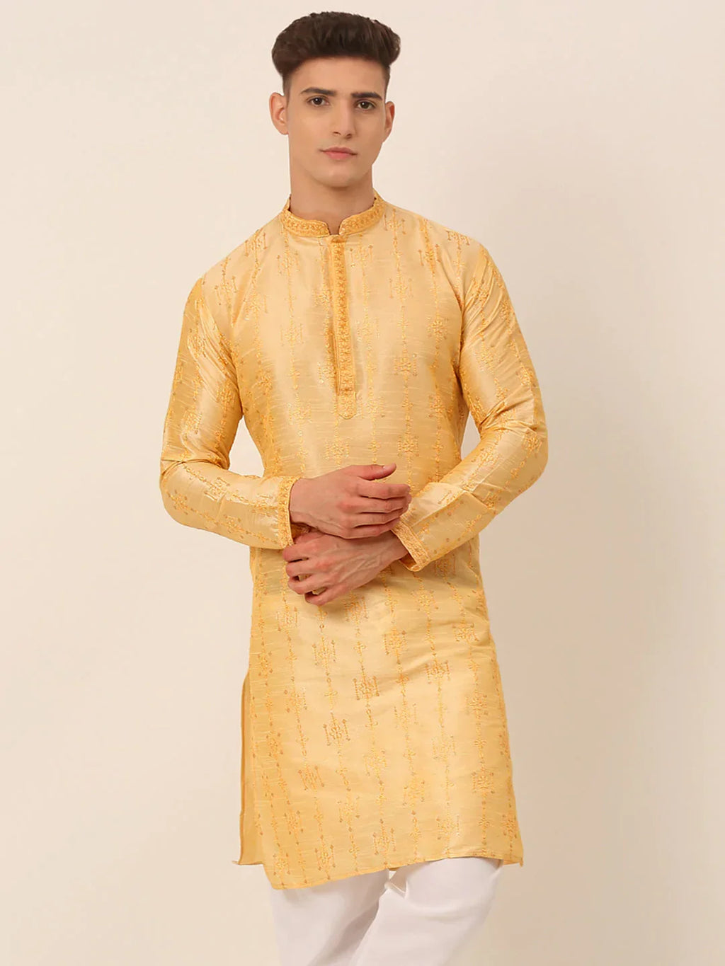 Jompers Men's Silk Blend Collar Embroidered Kurta Only - Golden | Grocsy