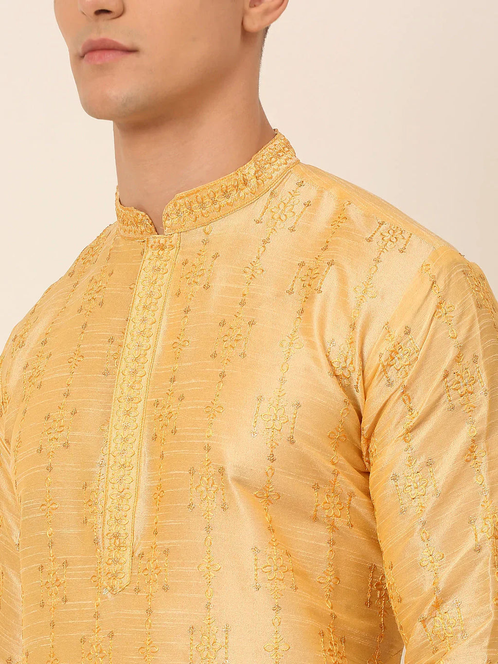 Jompers Men's Silk Blend Collar Embroidered Kurta Only - Golden | Grocsy