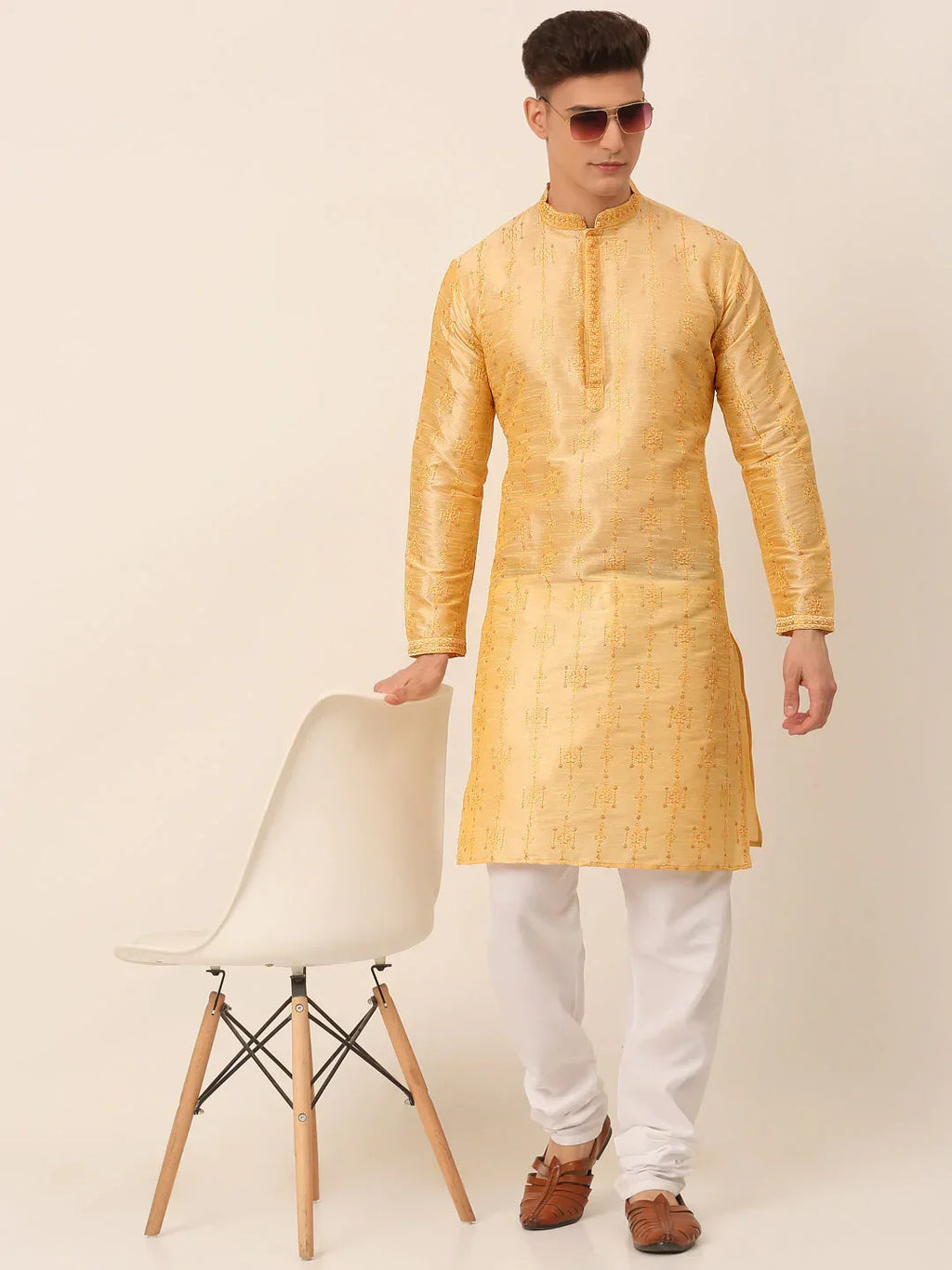 Jompers Men's Silk Blend Collar Embroidered Kurta Only - Golden | Grocsy