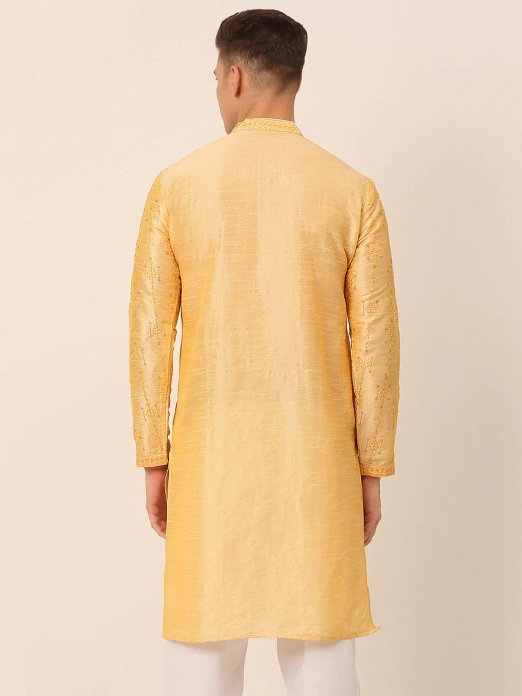 Jompers Men's Silk Blend Collar Embroidered Kurta Only - Golden | Grocsy