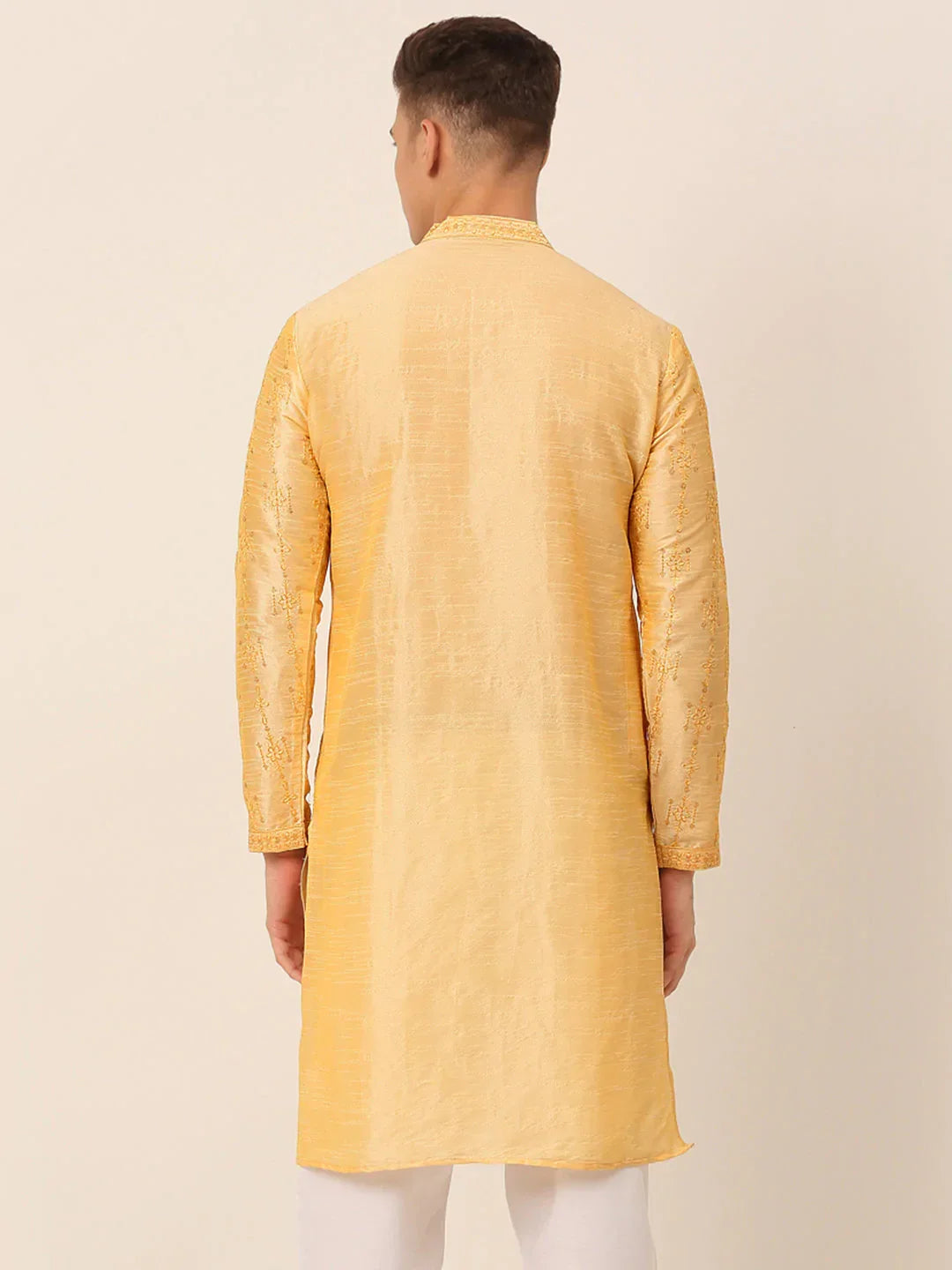 Jompers Men's Silk Blend Collar Embroidered Kurta Only - Golden | Grocsy