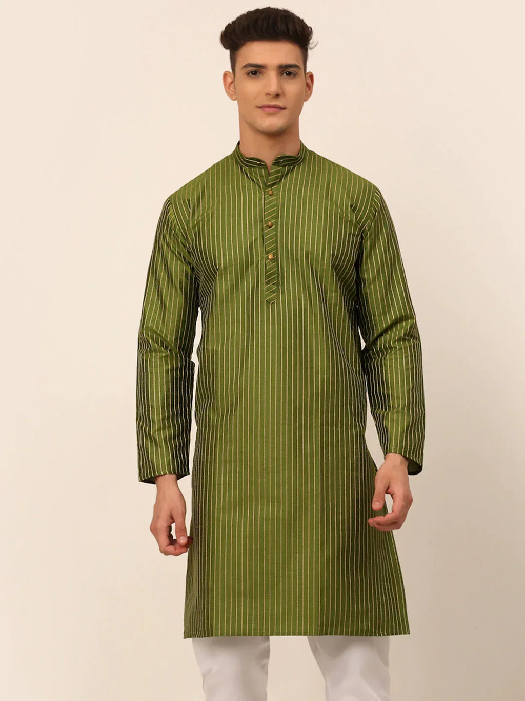 Jompers Men's Olive Green Striped Pleated Chikankari Kurta Only | Grocsy