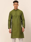 Jompers Men's Olive Green Striped Pleated Chikankari Kurta Only | Grocsy