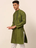 Jompers Men's Olive Green Striped Pleated Chikankari Kurta Only | Grocsy