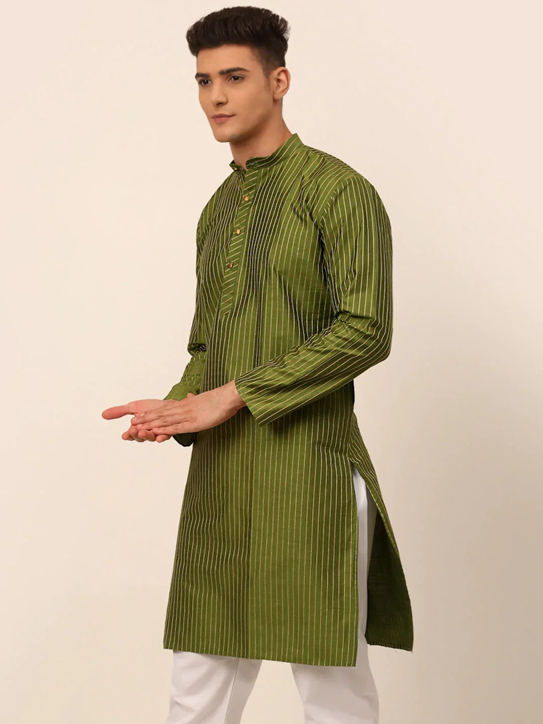 Jompers Men's Olive Green Striped Pleated Chikankari Kurta Only | Grocsy