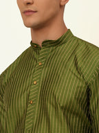 Jompers Men's Olive Green Striped Pleated Chikankari Kurta Only | Grocsy