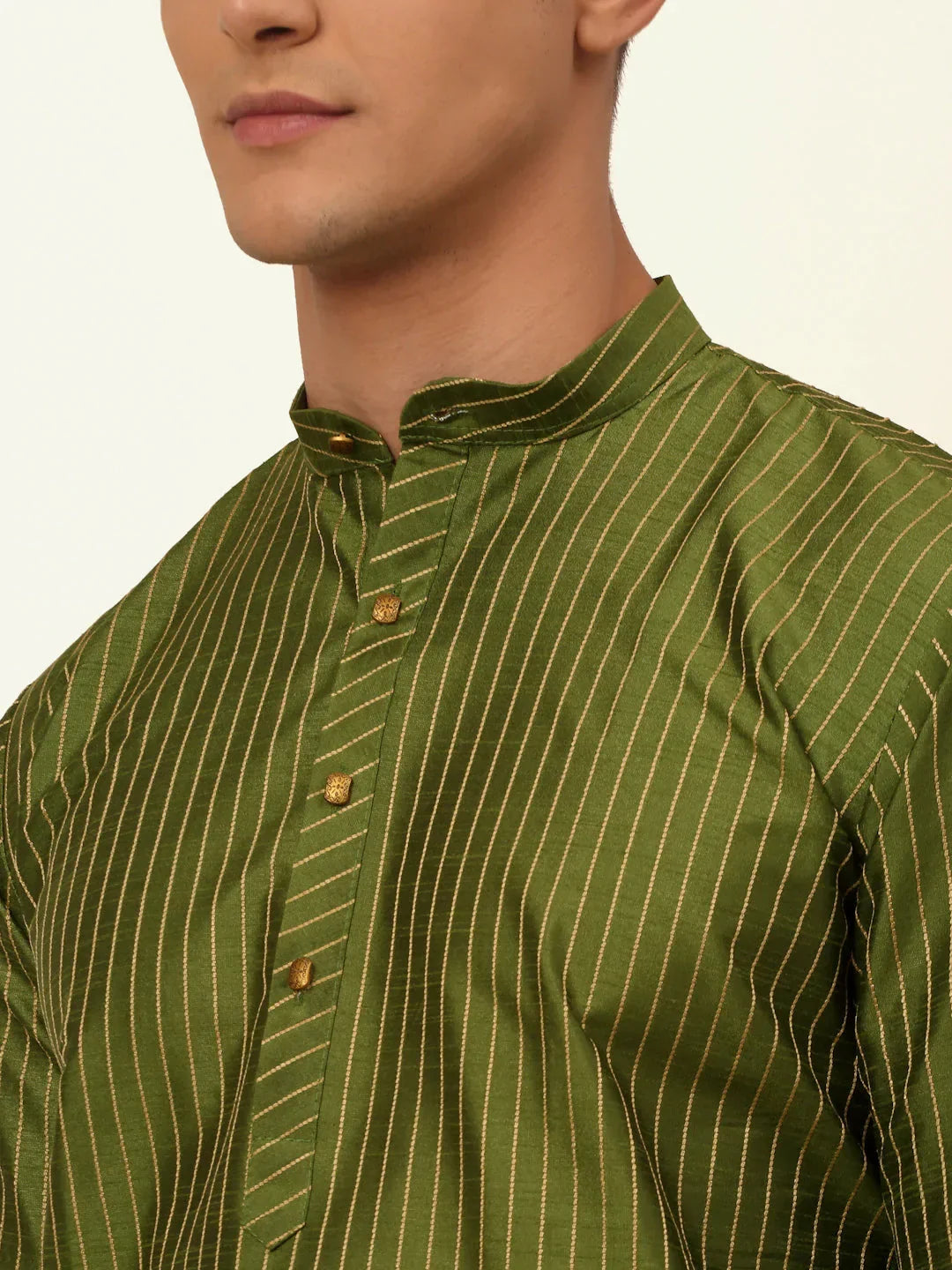 Jompers Men's Olive Green Striped Pleated Chikankari Kurta Only | Grocsy