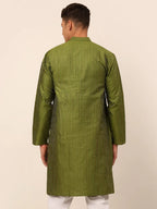Jompers Men's Olive Green Striped Pleated Chikankari Kurta Only | Grocsy