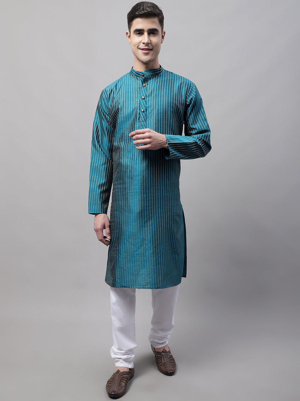 Jompers Men's Peacock Blue Embroidered Design Kurta | Grocsy