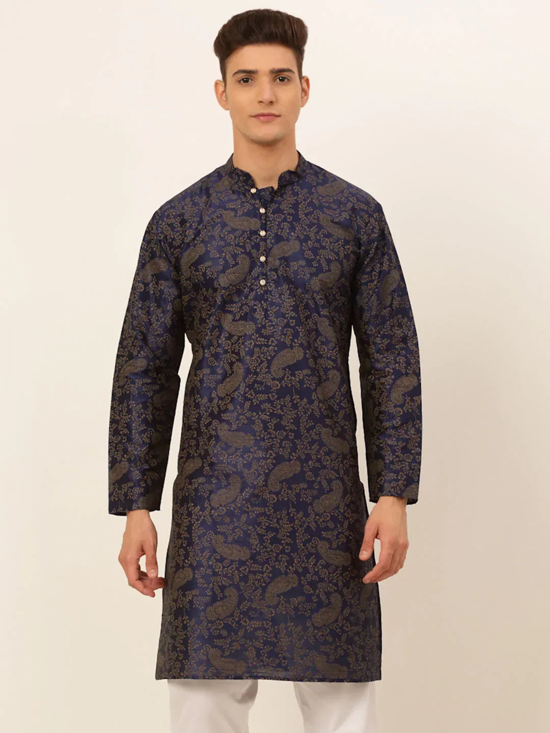 Jompers Men's Navy Blue Paisley Printed Kurta Only | Grocsy