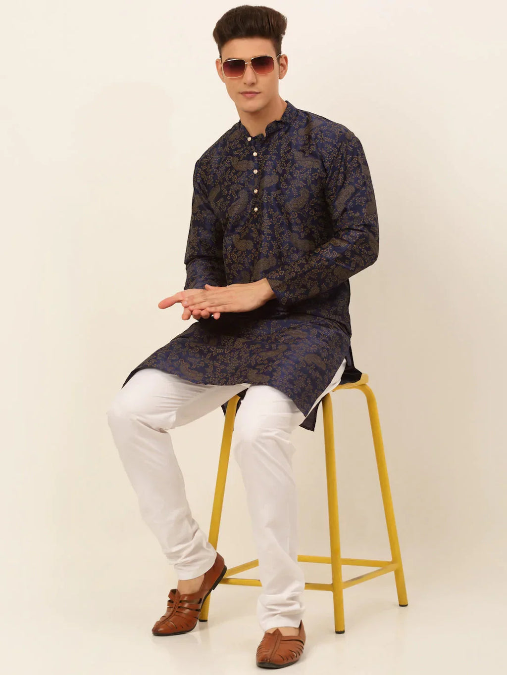 Jompers Men's Navy Blue Paisley Printed Kurta Only | Grocsy
