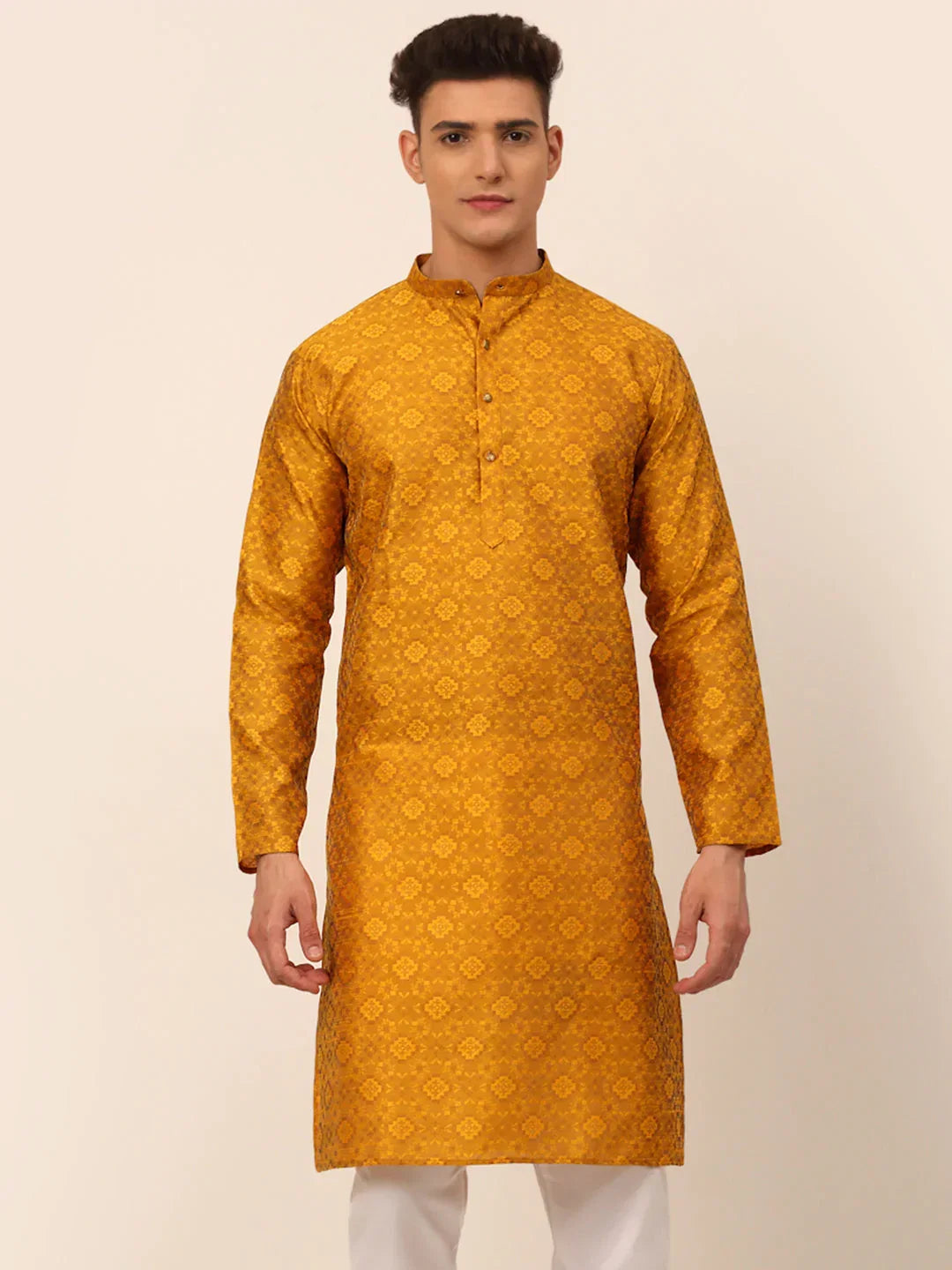 Jompers Men's Mustard Floral Printed Kurta Only | Grocsy