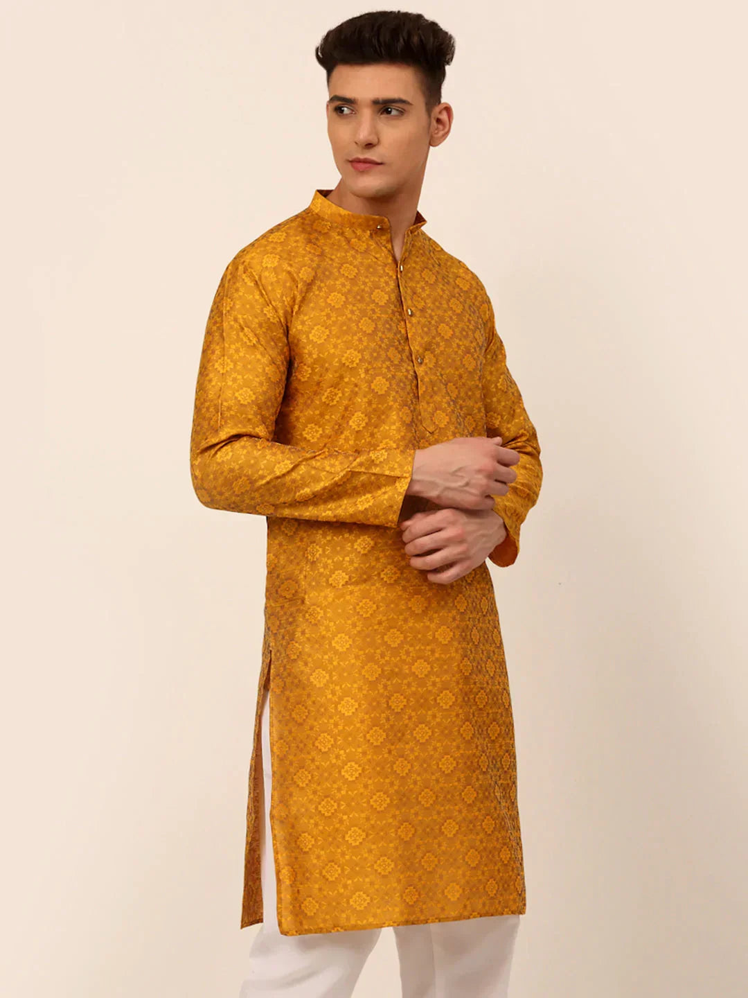 Jompers Men's Mustard Floral Printed Kurta Only | Grocsy