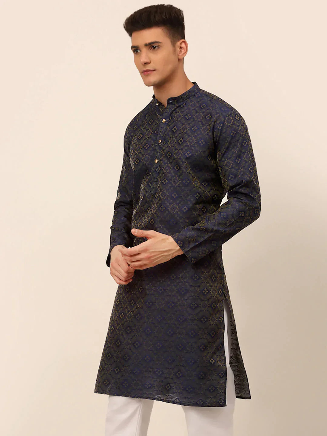 Jompers Men's Navy Blue Floral Printed Kurta Only | Grocsy