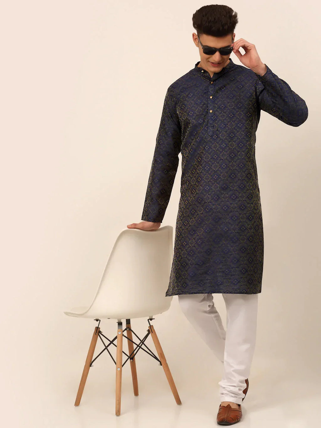 Jompers Men's Navy Blue Floral Printed Kurta Only | Grocsy