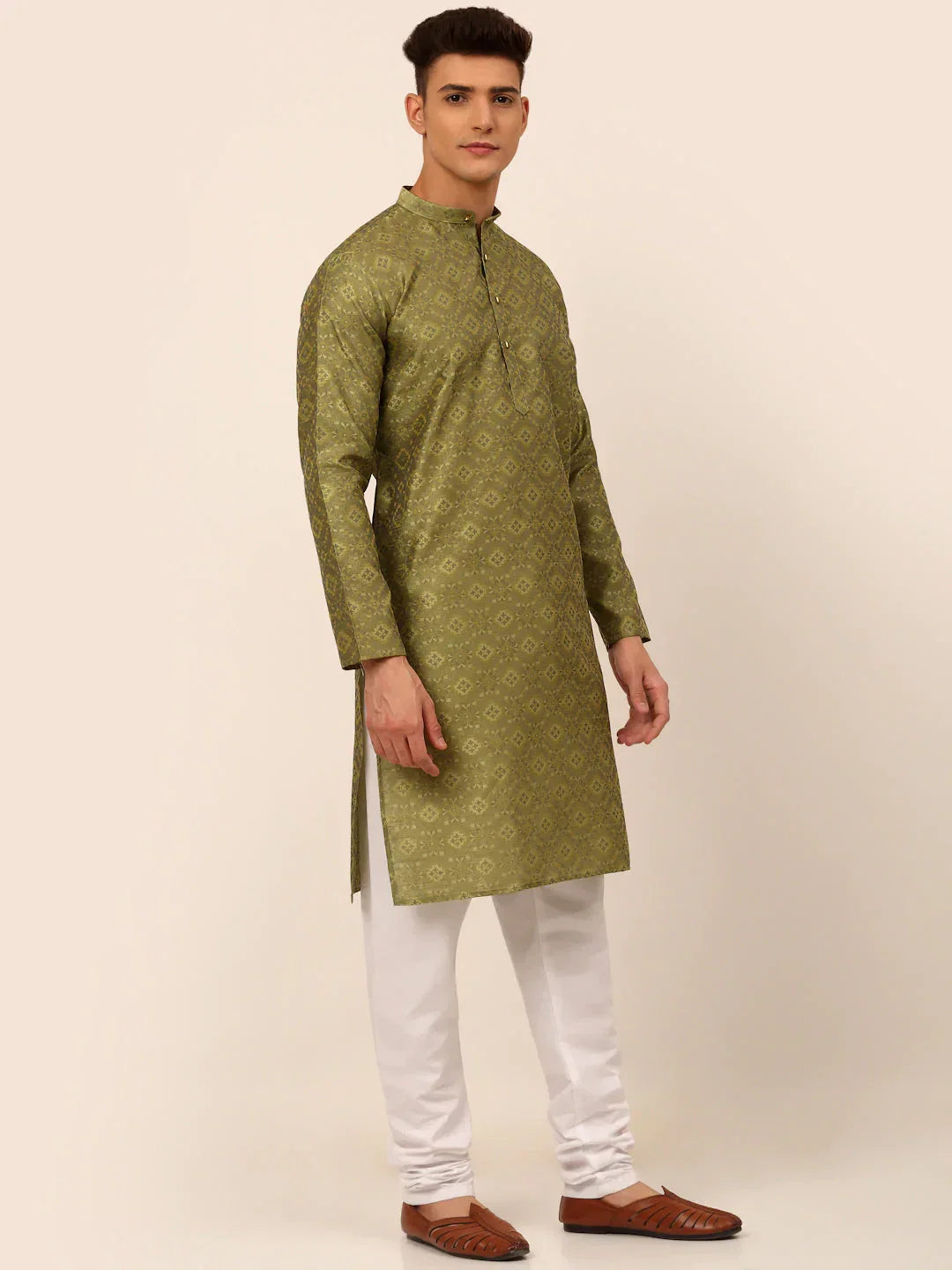 Jompers Men's Pista Green Floral Printed Kurta Only | Grocsy