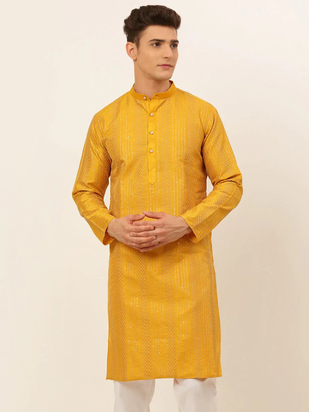 Jompers Men's Mustard Embroiderd Kurta Only | Grocsy