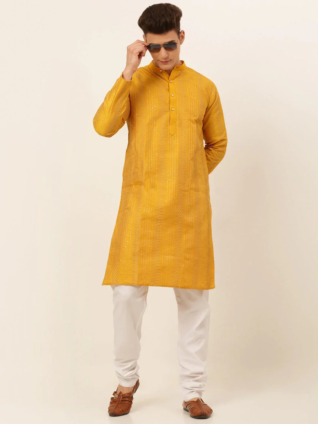 Jompers Men's Mustard Embroiderd Kurta Only | Grocsy