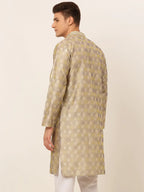 Jompers Men's Beige Collar Embroidered Woven Design Kurta Pajama | Grocsy