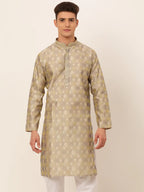 Jompers Men's Beige Collar Embroidered Woven Design Kurta Pajama | Grocsy