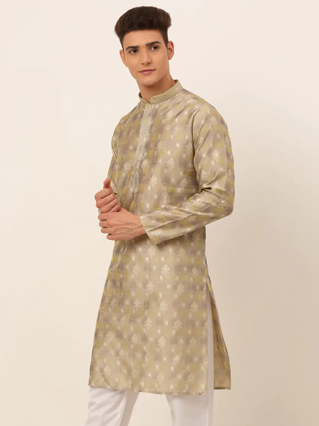 Jompers Men's Beige Collar Embroidered Woven Design Kurta Pajama | Grocsy