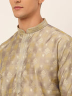 Jompers Men's Beige Collar Embroidered Woven Design Kurta Pajama | Grocsy