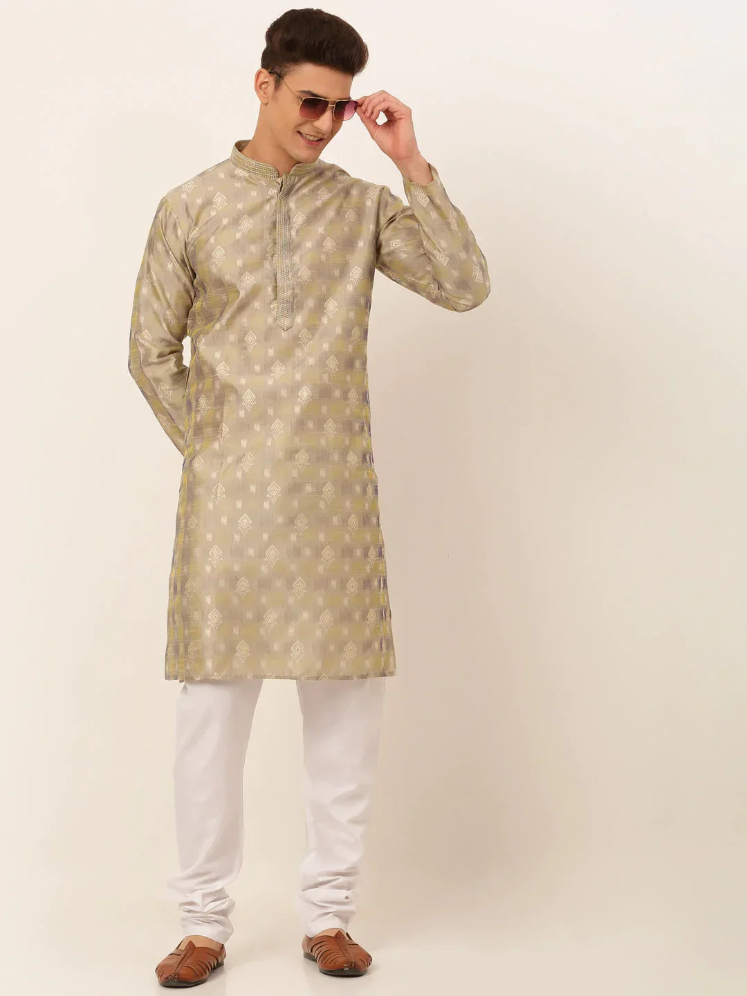 Jompers Men's Beige Collar Embroidered Woven Design Kurta Pajama | Grocsy