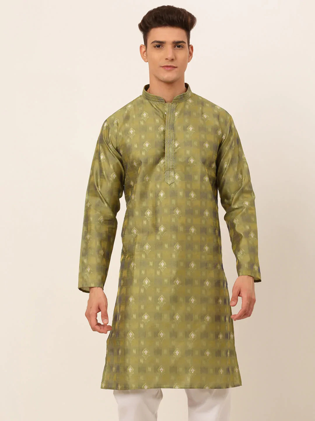 Jompers Men's Green Collar Embroidered Woven Design Kurta Pajama | Grocsy