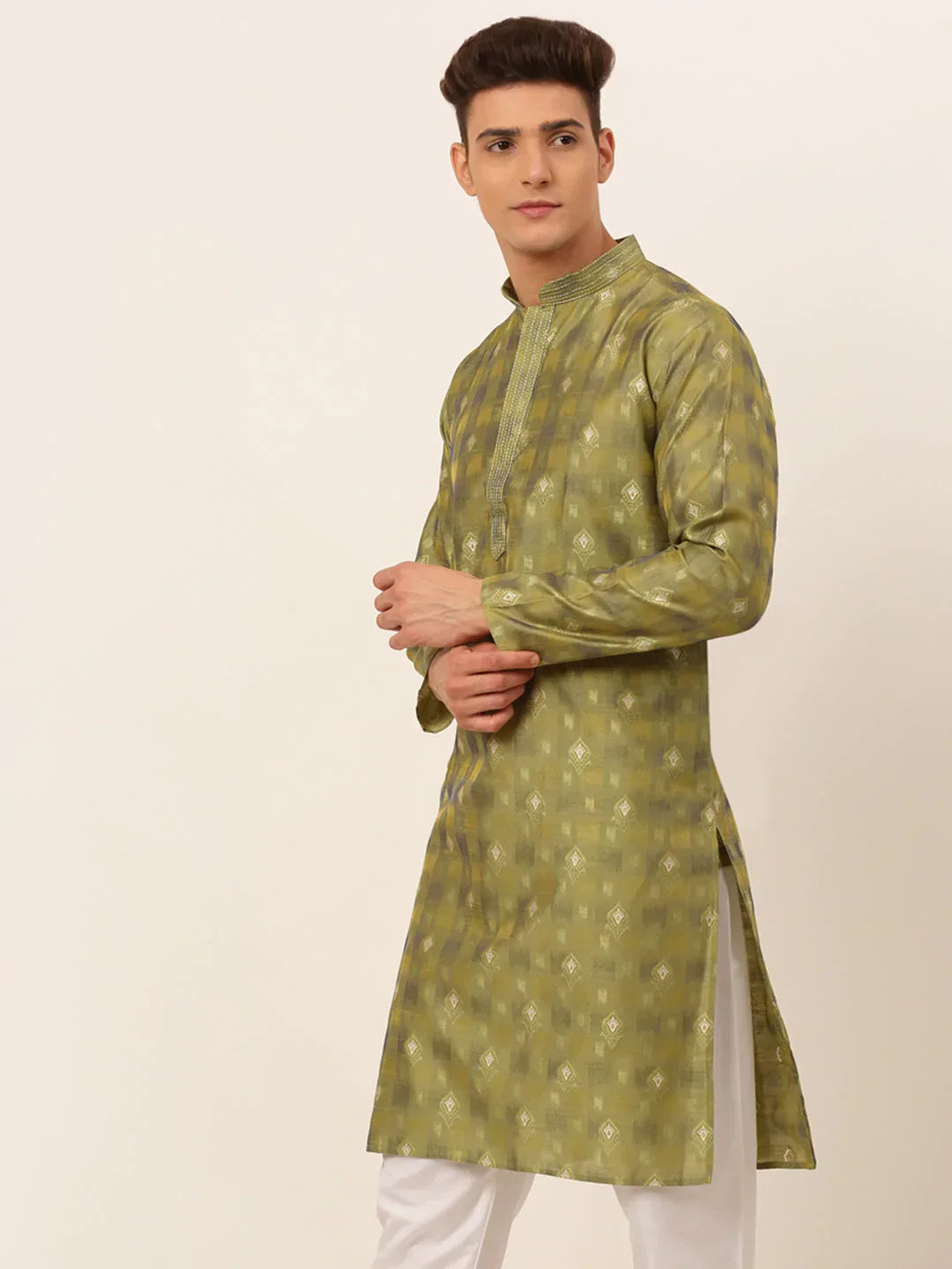 Jompers Men's Green Collar Embroidered Woven Design Kurta Pajama | Grocsy