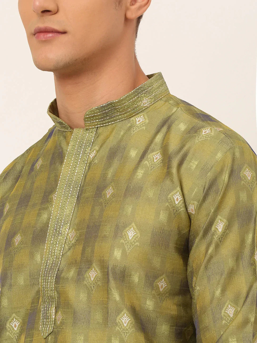 Jompers Men's Green Collar Embroidered Woven Design Kurta Pajama | Grocsy