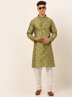 Jompers Men's Green Collar Embroidered Woven Design Kurta Pajama | Grocsy