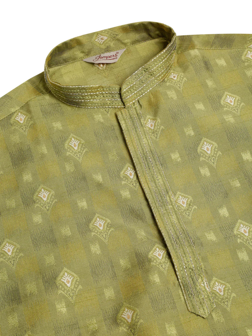 Jompers Men's Green Collar Embroidered Woven Design Kurta Pajama | Grocsy