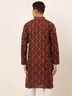 Jompers Men's Maroon Collar Embroidered Woven Design Kurta Pajama | Grocsy