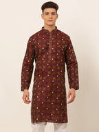 Jompers Men's Maroon Collar Embroidered Woven Design Kurta Pajama | Grocsy