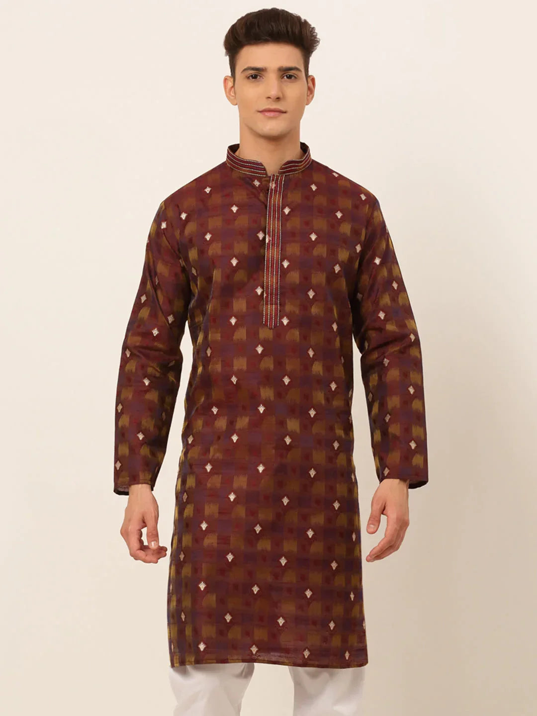 Jompers Men's Maroon Collar Embroidered Woven Design Kurta Pajama | Grocsy