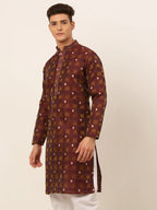 Jompers Men's Maroon Collar Embroidered Woven Design Kurta Pajama | Grocsy