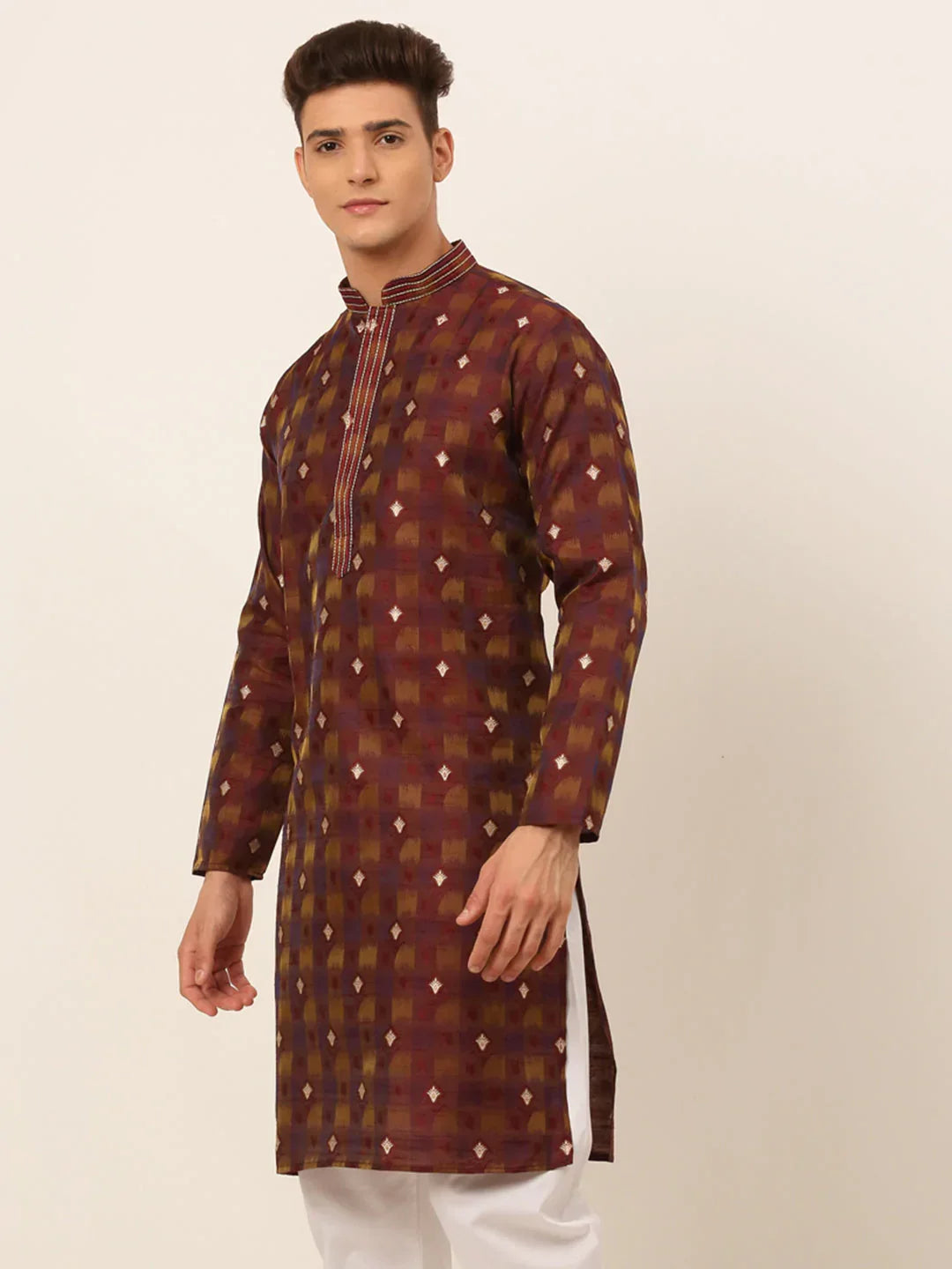 Jompers Men's Maroon Collar Embroidered Woven Design Kurta Pajama | Grocsy