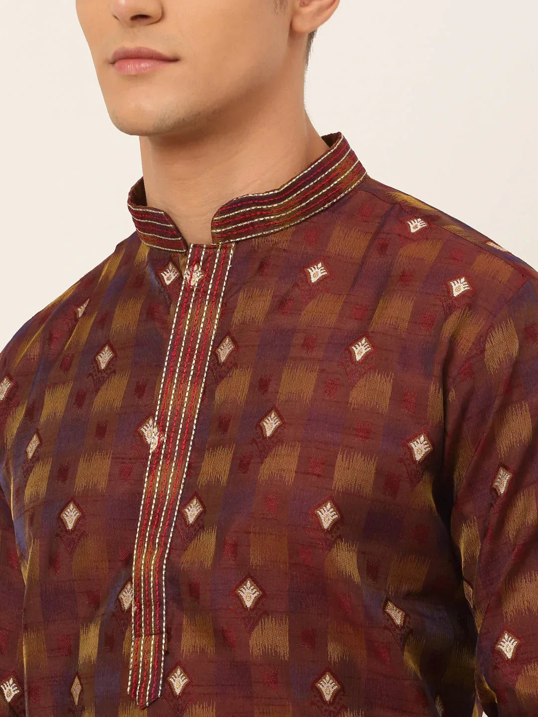 Jompers Men's Maroon Collar Embroidered Woven Design Kurta Pajama | Grocsy