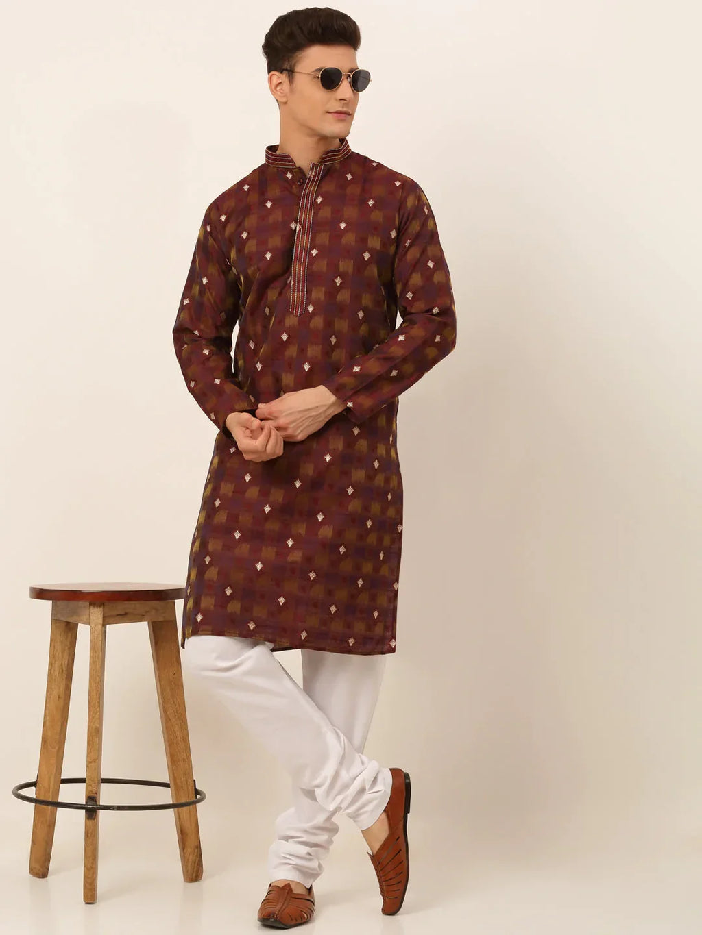 Jompers Men's Maroon Collar Embroidered Woven Design Kurta Pajama | Grocsy