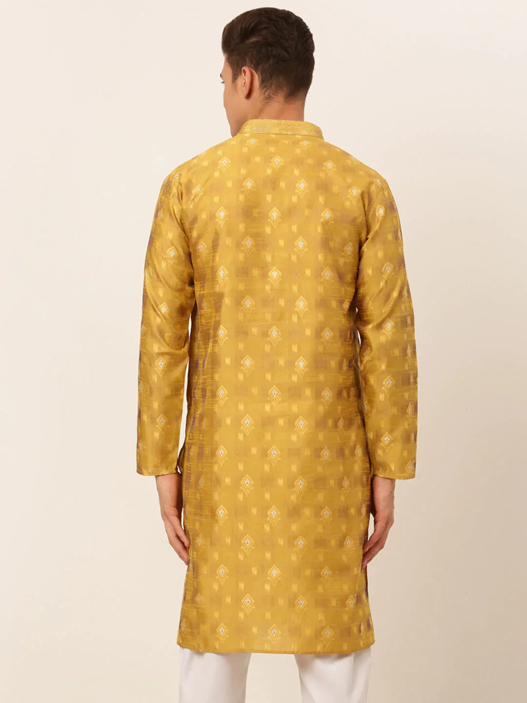 Jompers Men's Mustard Collar Embroidered Woven Design Kurta Pajama | Grocsy
