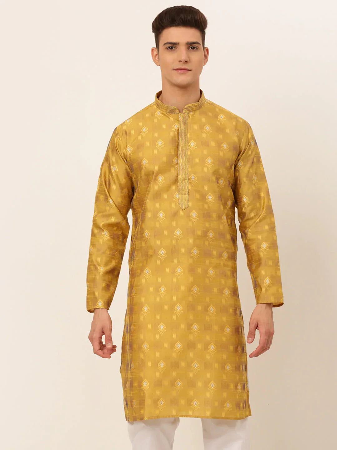 Jompers Men's Mustard Collar Embroidered Woven Design Kurta Pajama | Grocsy