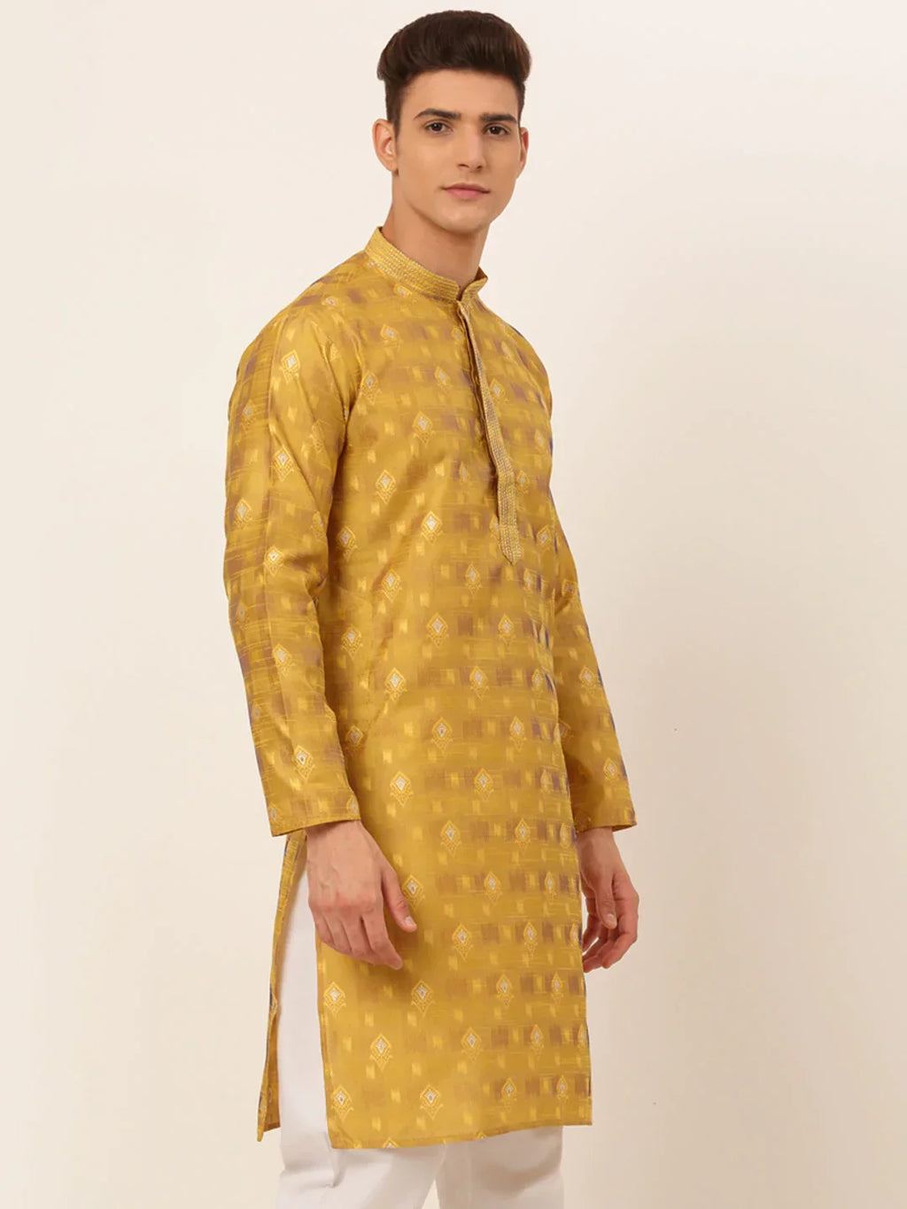 Jompers Men's Mustard Collar Embroidered Woven Design Kurta Pajama | Grocsy