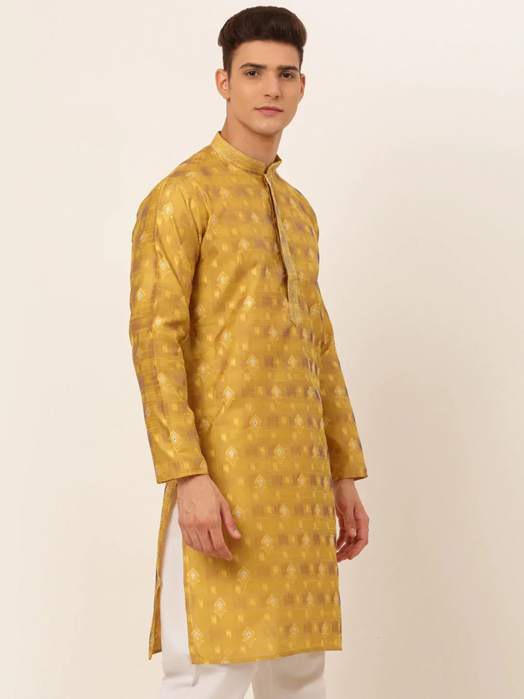 Jompers Men's Mustard Collar Embroidered Woven Design Kurta Pajama | Grocsy