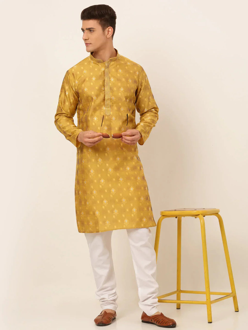 Jompers Men's Mustard Collar Embroidered Woven Design Kurta Pajama | Grocsy