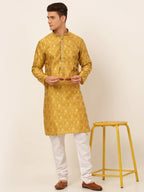 Jompers Men's Mustard Collar Embroidered Woven Design Kurta Pajama | Grocsy